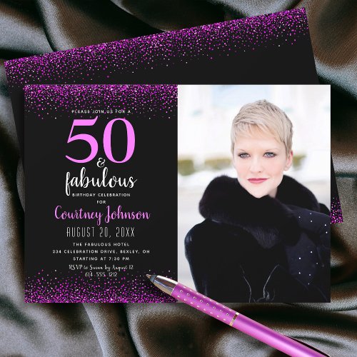 50 and fabulous birthday pink confetti on black invitation