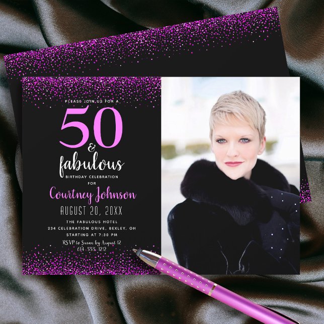 50 and fabulous birthday pink confetti on black invitation (Creator Uploaded)