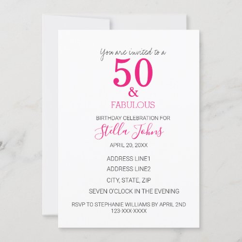 50 And Fabulous Birthday Pink Fuchsia White Invitation
