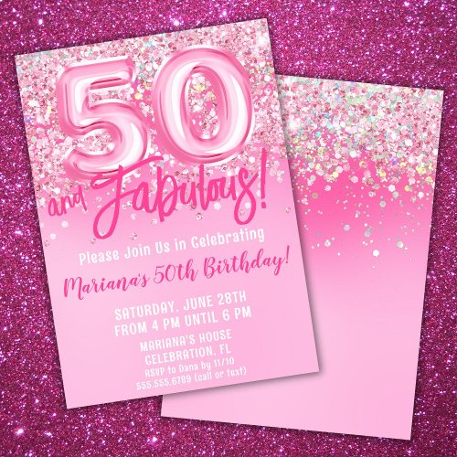 50 and Fabulous Birthday Pink Glitter Invitation