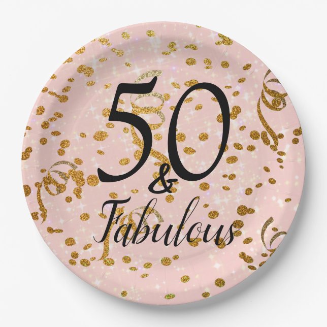 50 and Fabulous Birthday Pink Gold Confetti party Paper Plates (Front)