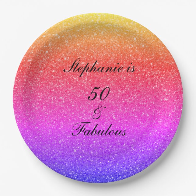50 And Fabulous Birthday Pink Purple Black Glitter Paper Plates (Front)