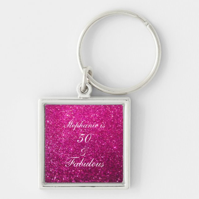 50 And Fabulous Birthday Pink Purple Glitter Cute Keychain (Front)
