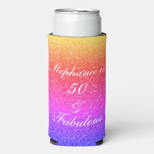 50 And Fabulous Birthday Pink Purple Glitter Gift Seltzer Can Cooler