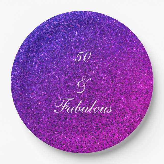 50 And Fabulous Birthday Pink Purple Glitter Girly Paper Plates (Front)