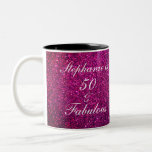 50 And Fabulous Birthday Pink Purple Glitter Girly Two-Tone Coffee Mug<br><div class="desc">Designed with pretty,  girly and beautiful pink purple glittery background and personalized text template for name which you can edit,  this is perfect for the 50th birthday celebrations or gift!</div>