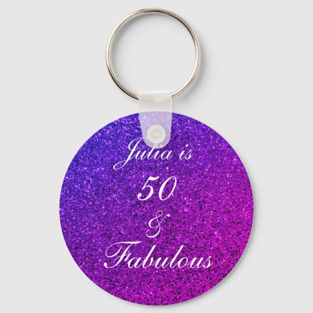 50 And Fabulous Birthday Pink Purple Glitter Ombre Keychain (Front)