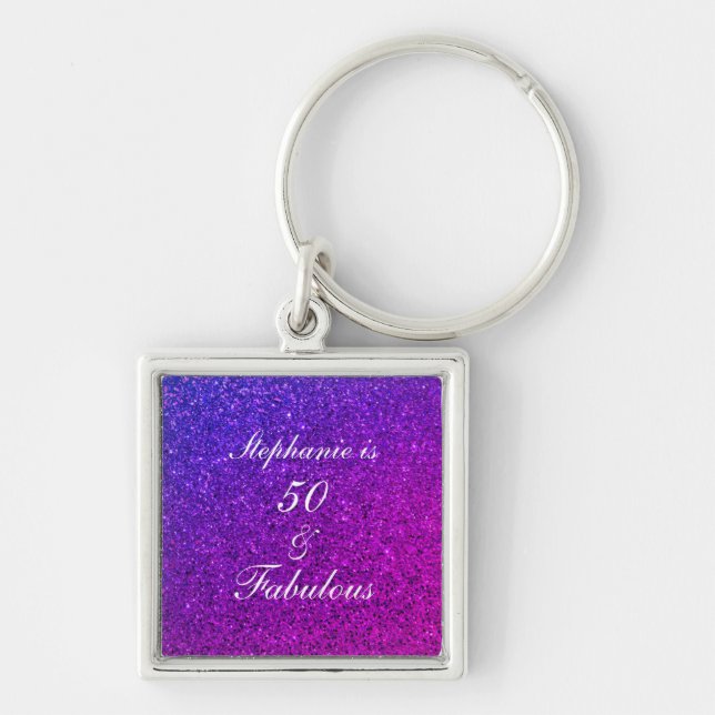 50 And Fabulous Birthday Pink Purple Glitter Ombre Keychain (Front)