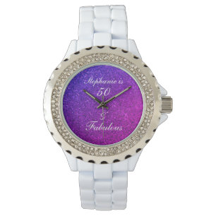 50 And Fabulous Birthday Pink Purple Glitter Ombre Watch