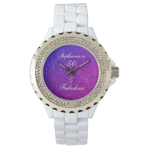 50 And Fabulous Birthday Pink Purple Glitter Ombre Watch