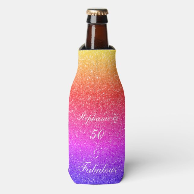 50 And Fabulous Birthday Pink Purple Glitter White Bottle Cooler (Bottle Front)