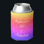 50 And Fabulous Birthday Pink Purple Glitter White Can Cooler<br><div class="desc">Designed with pretty,  girly and beautiful pink purple glittery background and personalized text template for name which you can edit,  this is perfect for the 50th birthday celebrations or gift or party favors!</div>