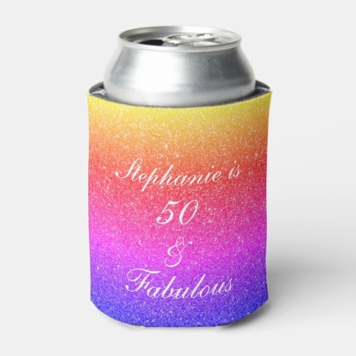 50 And Fabulous Birthday Pink Purple Glitter White Can Cooler