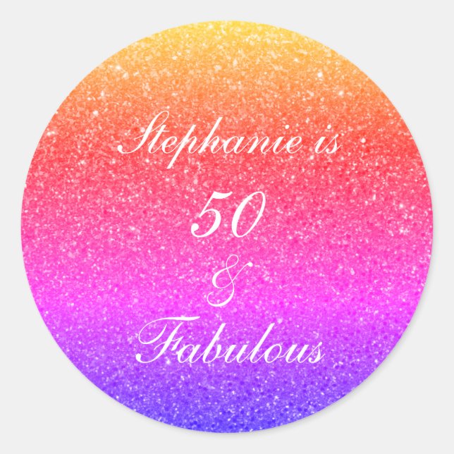50 And Fabulous Birthday Pink Purple Glitter White Classic Round Sticker (Front)