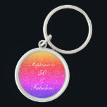 50 And Fabulous Birthday Pink Purple Glitter White Keychain<br><div class="desc">Designed with pretty,  girly and beautiful pink purple glittery background and personalized text template for name which you can edit,  this is perfect for the 50th birthday celebrations!</div>