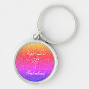 50 And Fabulous Birthday Pink Purple Glitter White Keychain