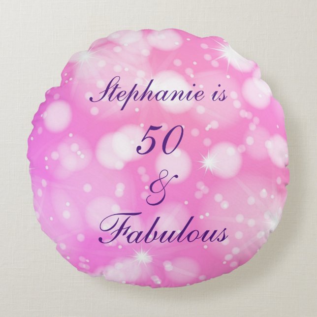 50 And Fabulous Birthday Pink Purple Glittery Round Pillow (Front)