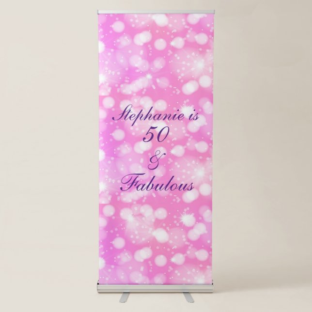 50 And Fabulous Birthday Pink Rose Purple Bokeh Retractable Banner (Front)