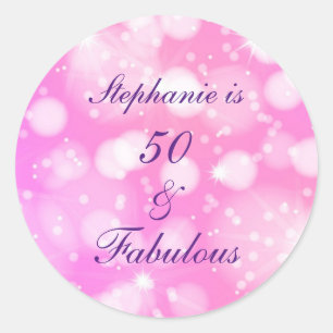 50 And Fabulous Birthday Pink Rose Purple Glittery Classic Round Sticker