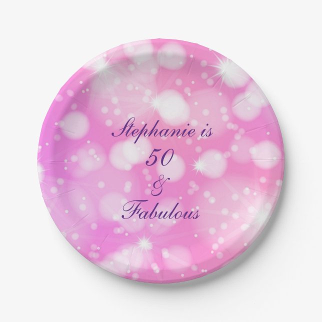 50 And Fabulous Birthday Pink Rose Purple Glittery Paper Plates (Front)