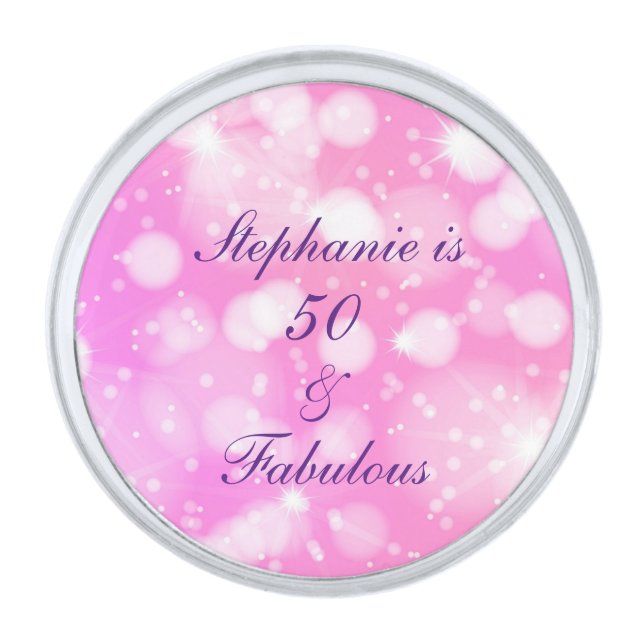 50 And Fabulous Birthday Pink Rose Purple Glittery Silver Finish Lapel Pin (Front)