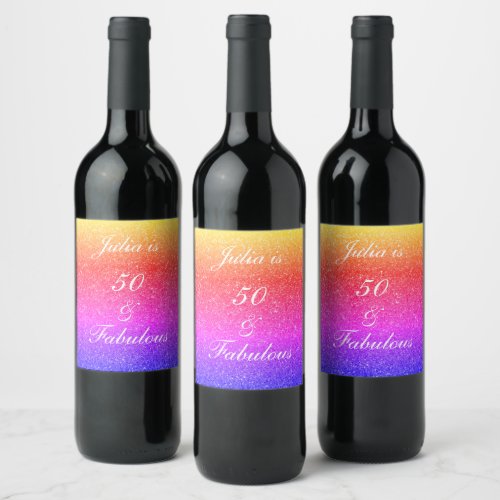 50 And Fabulous Birthday Pink Yellow Glitter Ombre Wine Label