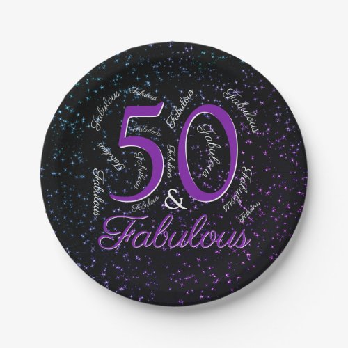 50 And Fabulous Birthday Purple Black Elegant Paper Plates