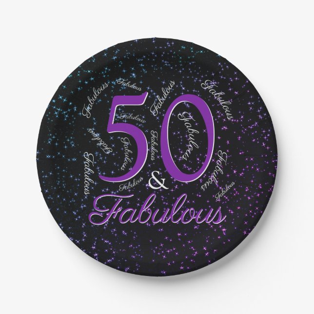 50 And Fabulous Birthday Purple Black Elegant Paper Plates (Front)