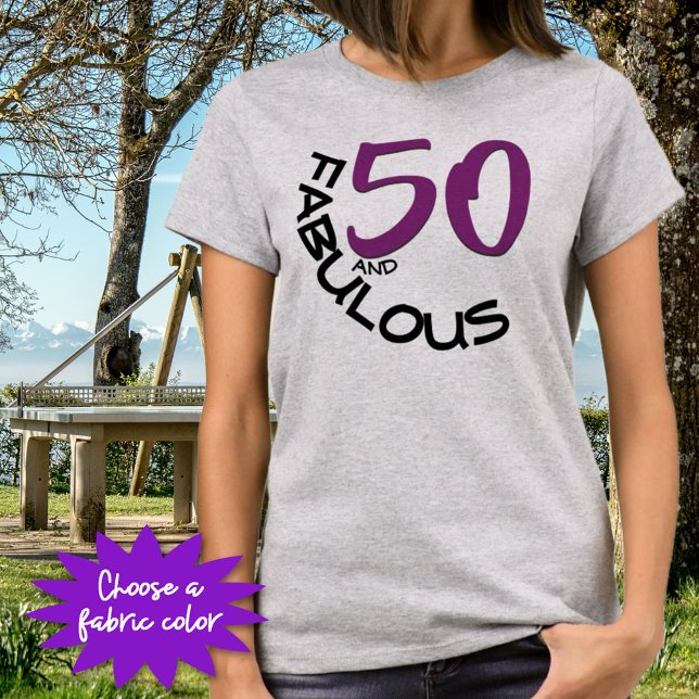 50 and Fabulous Birthday Purple & Black Typography T-Shirt (A fun 50th birthday gift idea for you or as a gift. )
