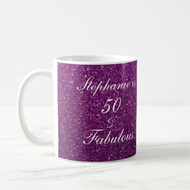 50 And Fabulous Birthday Purple Glitter Gift Favor Coffee Mug (Left)