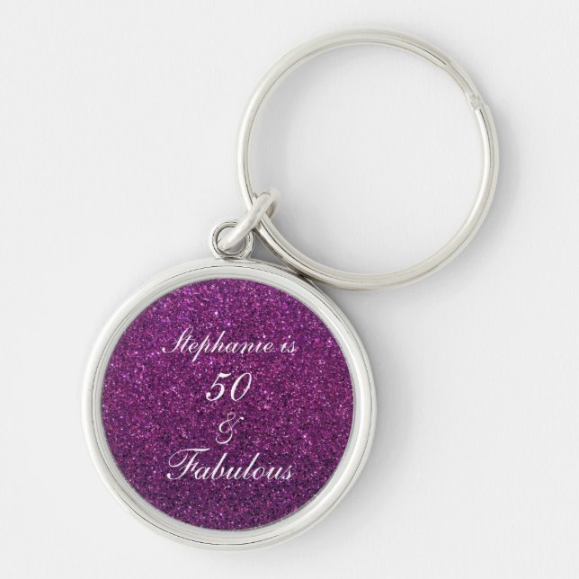 50 And Fabulous Birthday Purple Glitter Girly Keychain (Front)