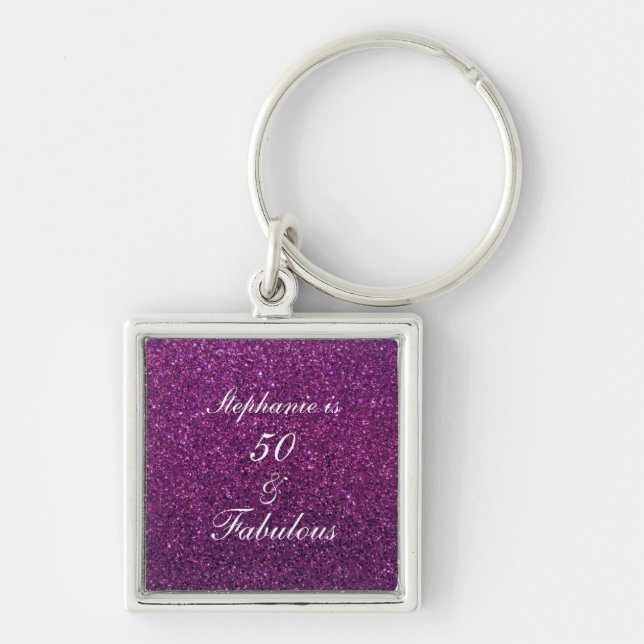 50 And Fabulous Birthday Purple Glitter Girly Keychain (Front)