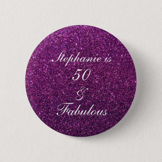 50 And Fabulous Birthday Purple Glitter Ombre Chic Button (Front)