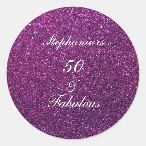 50 And Fabulous Birthday Purple Glitter Ombre Chic Classic Round Sticker