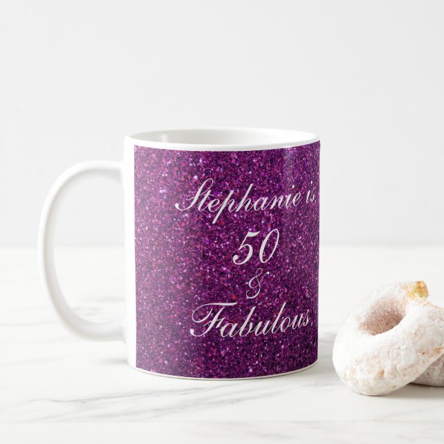 50 And Fabulous Birthday Purple Glitter Ombre Chic Coffee Mug (With Donut)