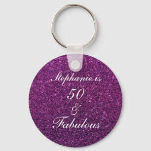 50 And Fabulous Birthday Purple Glitter Ombre Chic Keychain