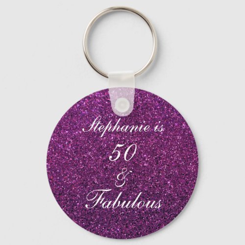 50 And Fabulous Birthday Purple Glitter Ombre Chic Keychain