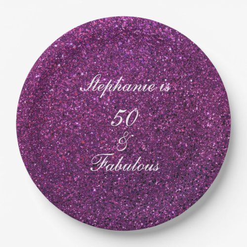50 And Fabulous Birthday Purple Glitter Ombre Chic Paper Plates