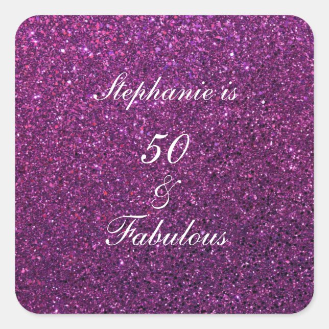 50 And Fabulous Birthday Purple Glitter Ombre Chic Square Sticker (Front)