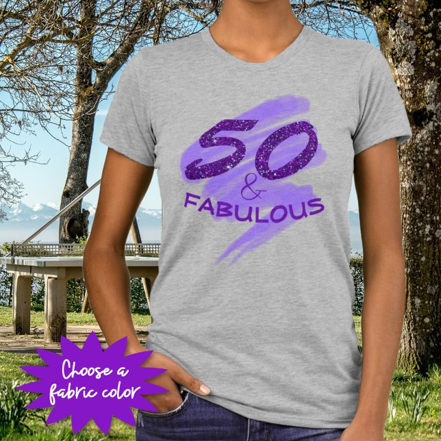 50 and FABULOUS Birthday Purple Glitter Typography T-Shirt (Faux purple glitter 50 & FABULOUS tee shirt for you or as a gift. )