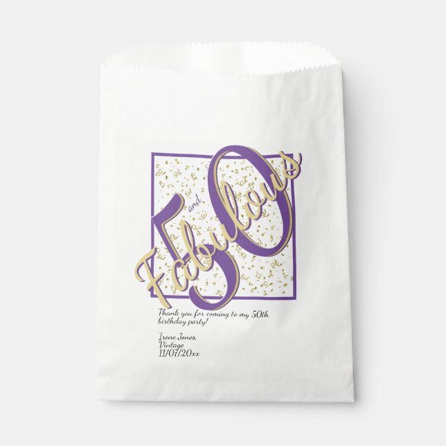 50 and Fabulous birthday Purple/Gold Fancy Script Favor Bag (Front)