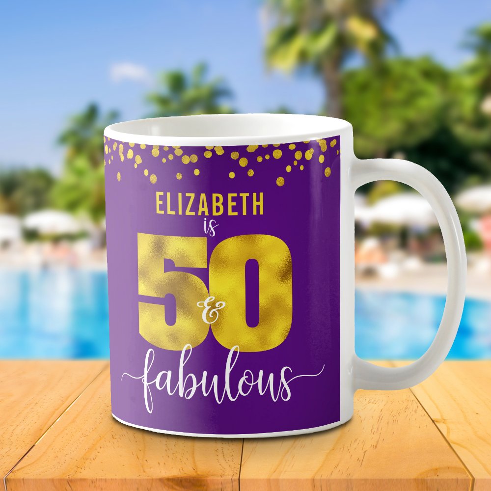 Discover 50 And Fabulous Birthday Purple Gold Foil Dots Coffee Mug