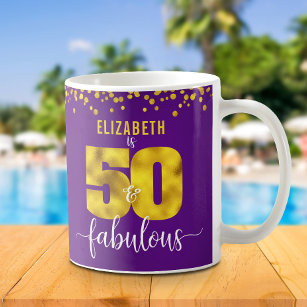 50 and fabulous birthday purple gold foil dots coffee mug