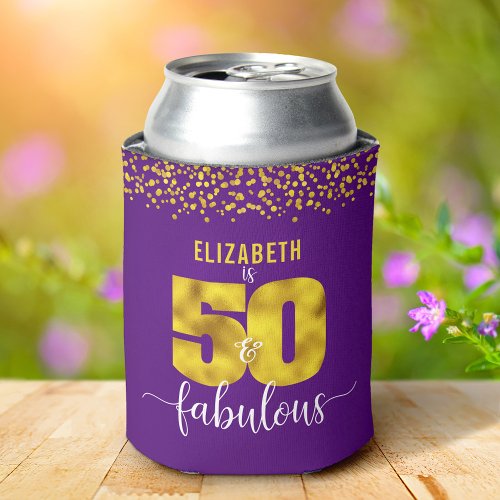 50 and fabulous birthday purple gold glitter dots can cooler