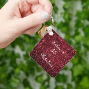 50 And Fabulous Birthday Red Burgundy Glitter 2022 Keychain