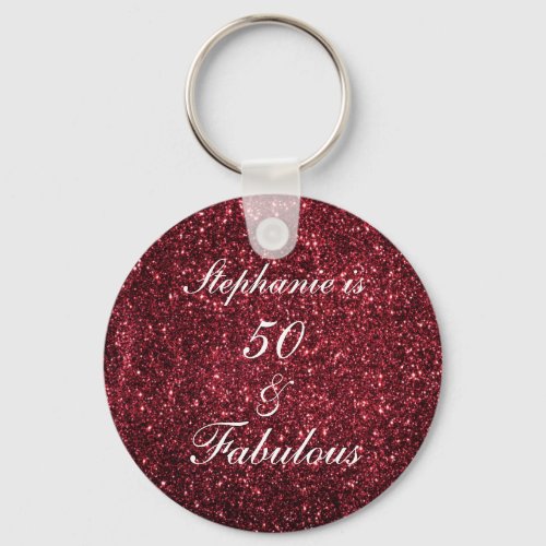 50 And Fabulous Birthday Red Burgundy Glitter Cute Keychain