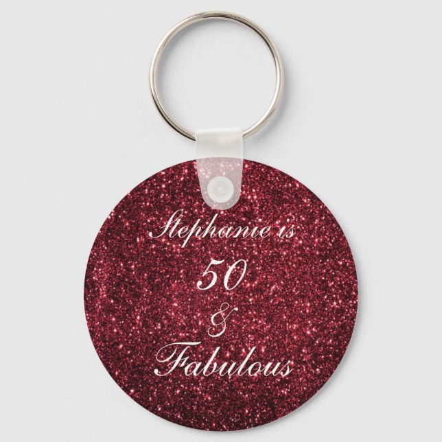 50 And Fabulous Birthday Red Burgundy Glitter Cute Keychain (Front)