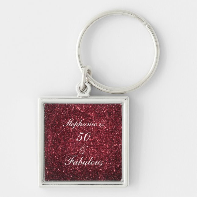50 And Fabulous Birthday Red Burgundy Glitter Cute Keychain (Front)