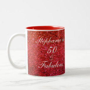 50 And Fabulous Birthday Red Glitter White Modern Two-Tone Coffee Mug