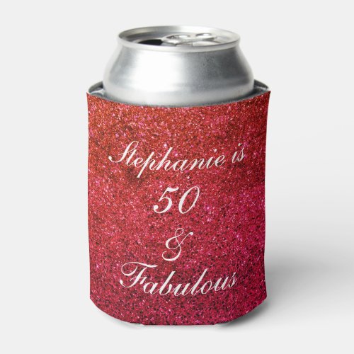 50 And Fabulous Birthday Red White Glitter Sparkle Can Cooler